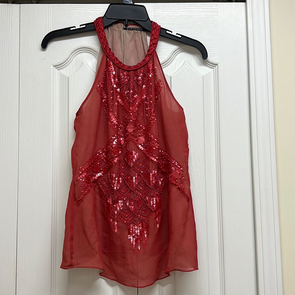 Elie tahari red sequins embellished halter top